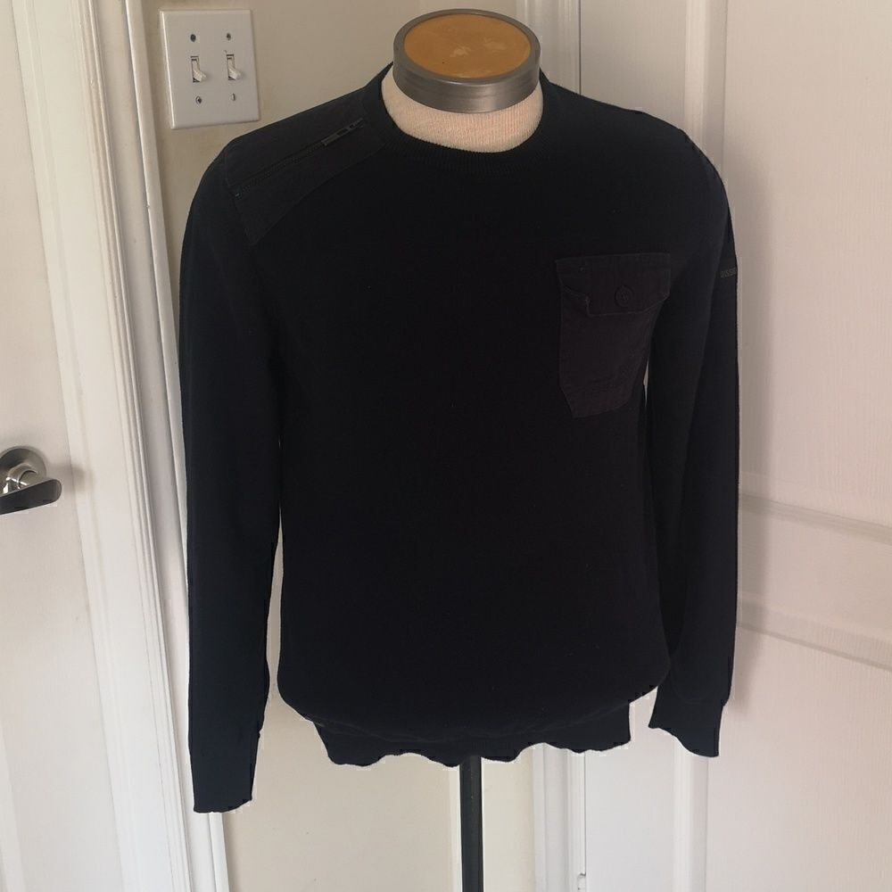 Dissident Men Crew-Neck  Knitted Logo Sweater Medium Navy Blue
